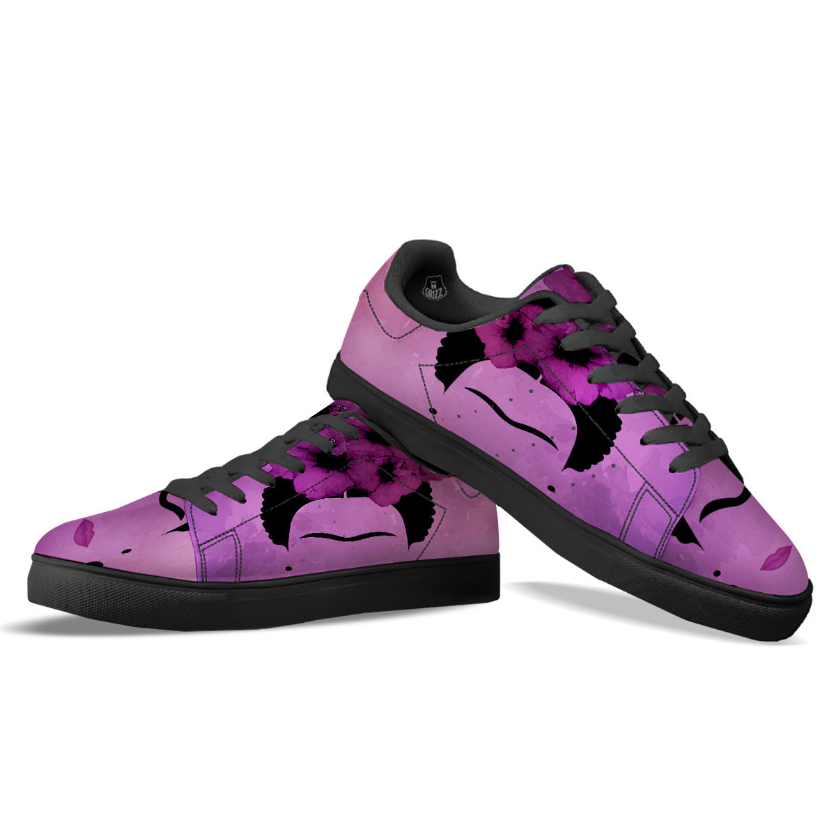 Pink Floral And Frida Kahlo Print Black Low Top Sneakers-grizzshop