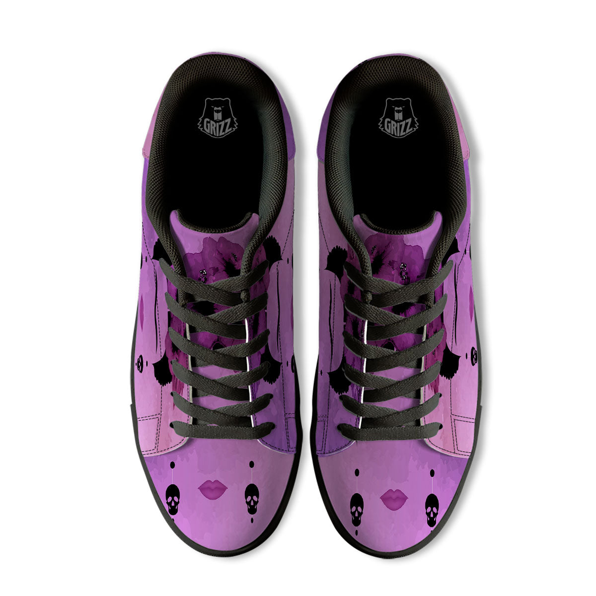 Pink Floral And Frida Kahlo Print Black Low Top Sneakers-grizzshop