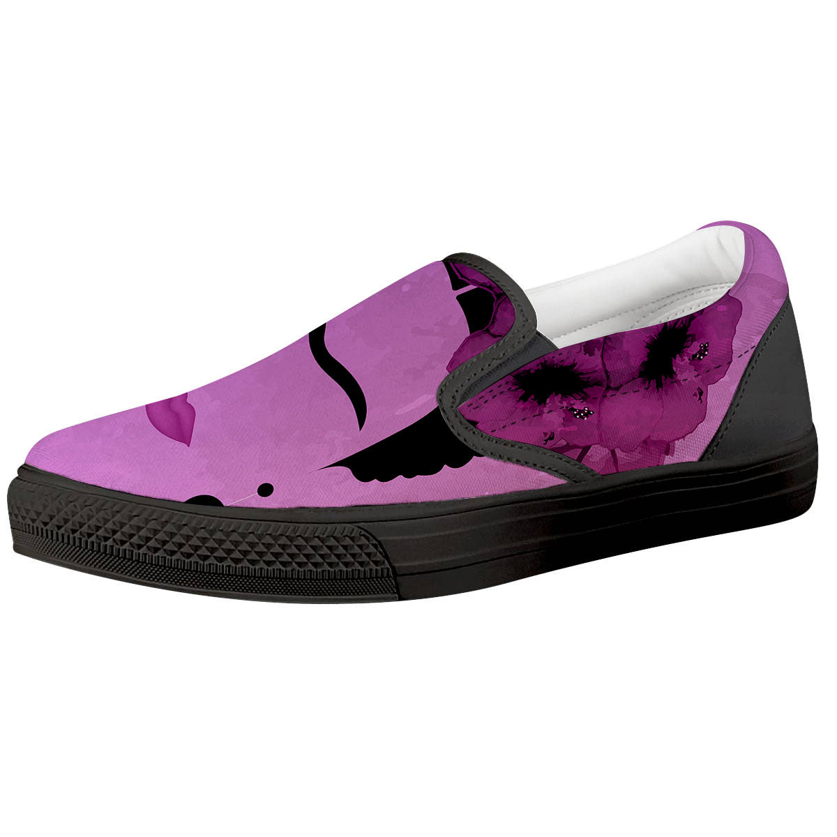 Pink Floral And Frida Kahlo Print Black Slip On Shoes-grizzshop