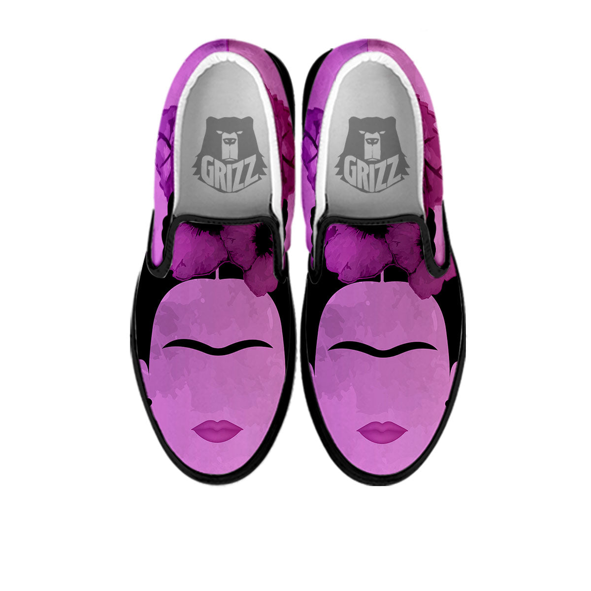 Pink Floral And Frida Kahlo Print Black Slip On Shoes-grizzshop