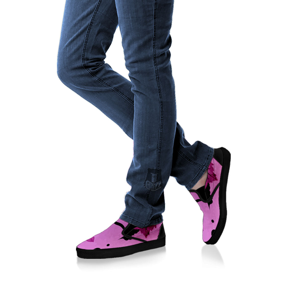 Pink Floral And Frida Kahlo Print Black Slip On Shoes-grizzshop