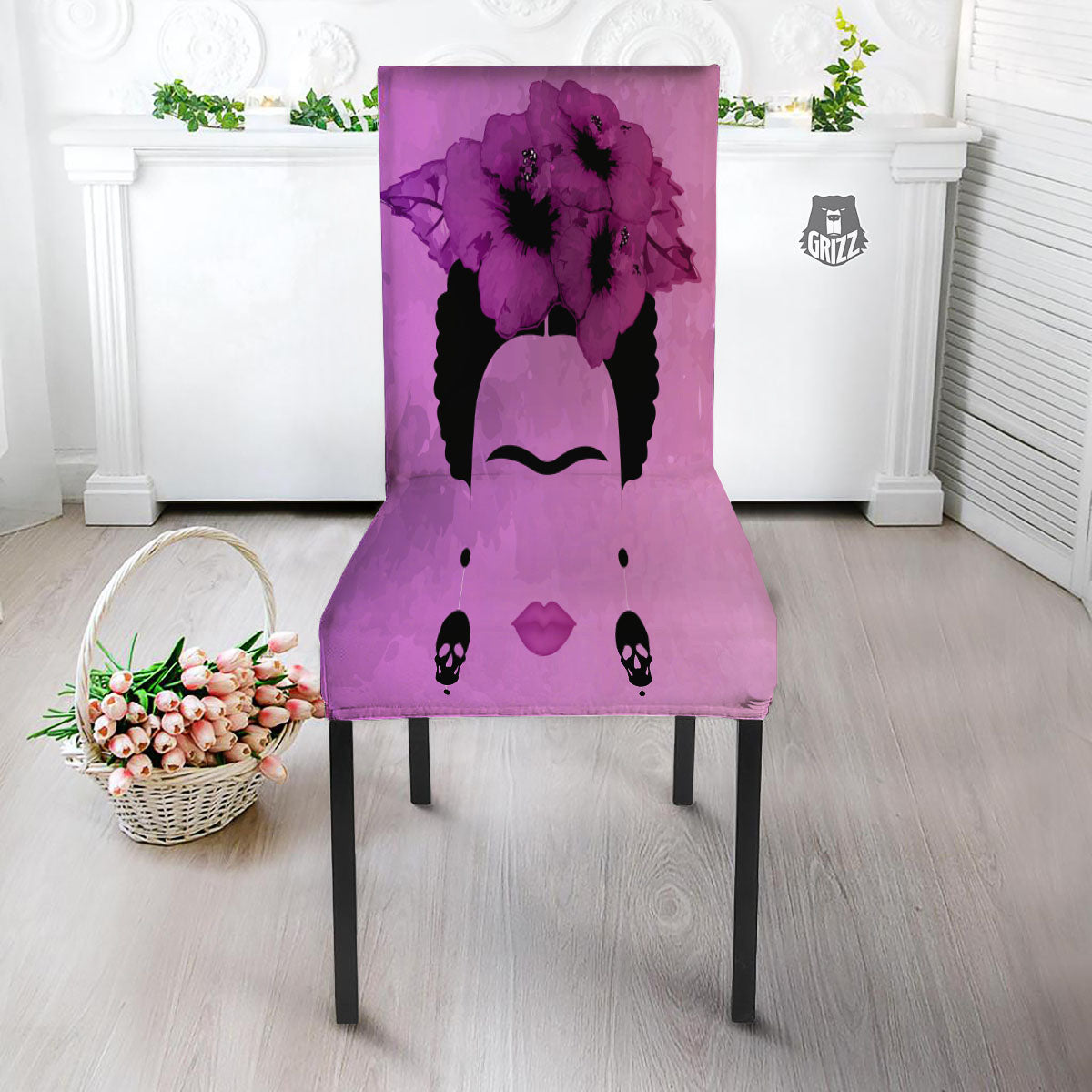 Pink Floral And Frida Kahlo Print Dining Chair Slipcover-grizzshop
