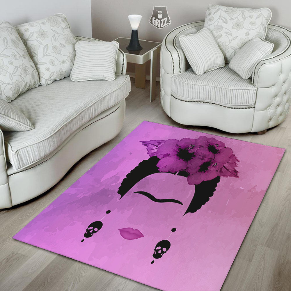 Pink Floral And Frida Kahlo Print Floor Mat-grizzshop
