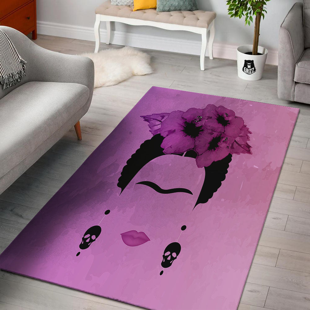 Pink Floral And Frida Kahlo Print Floor Mat-grizzshop