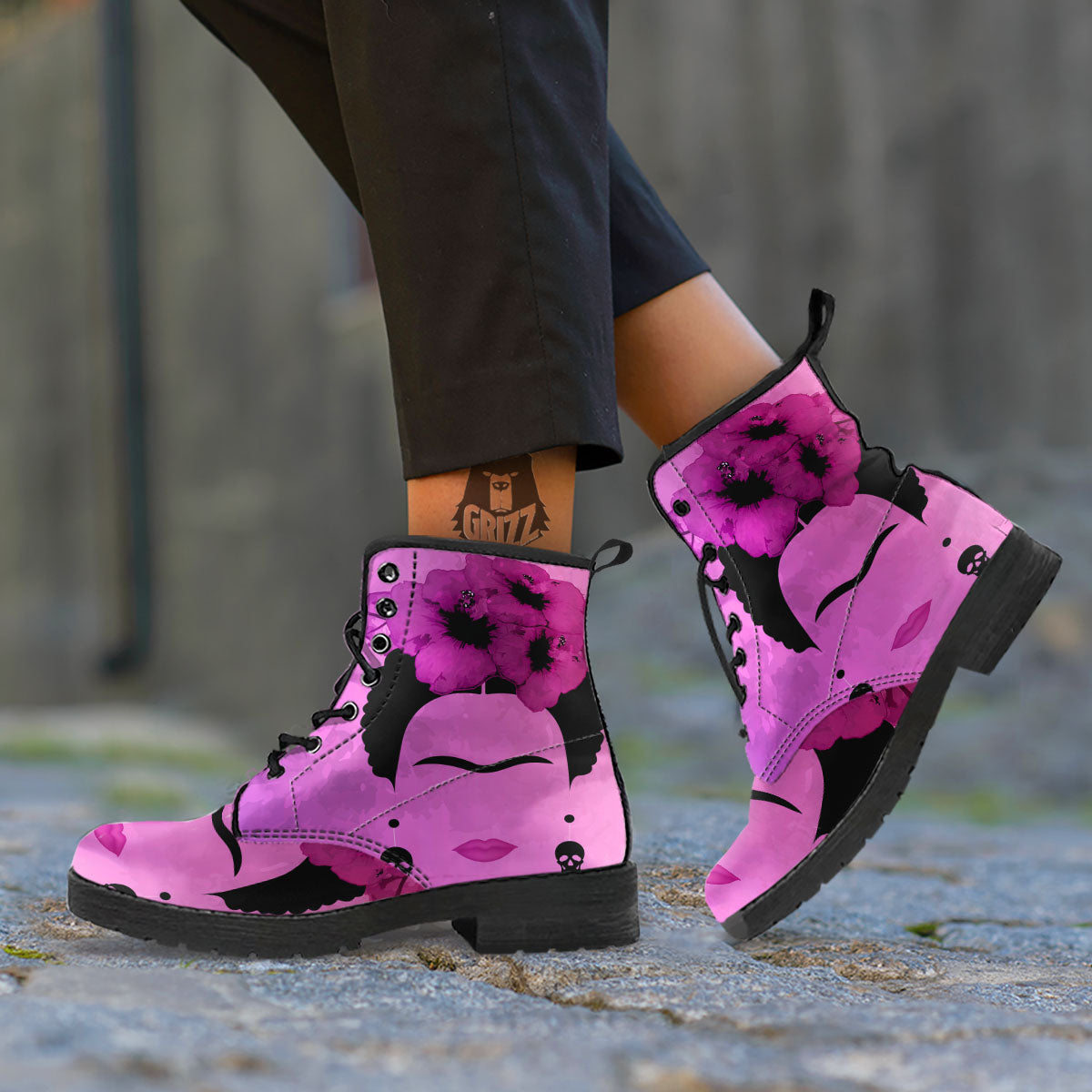 Pink Floral And Frida Kahlo Print Leather Boots-grizzshop