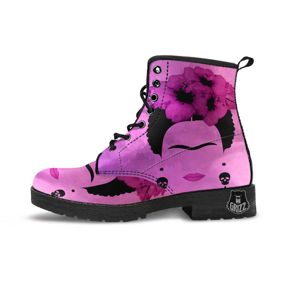Pink Floral And Frida Kahlo Print Leather Boots-grizzshop
