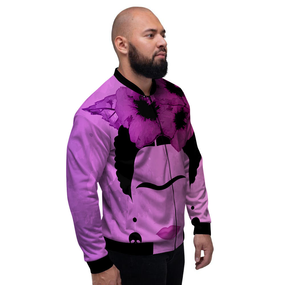Pink Floral And Frida Kahlo Print Men's Bomber Jacket-grizzshop