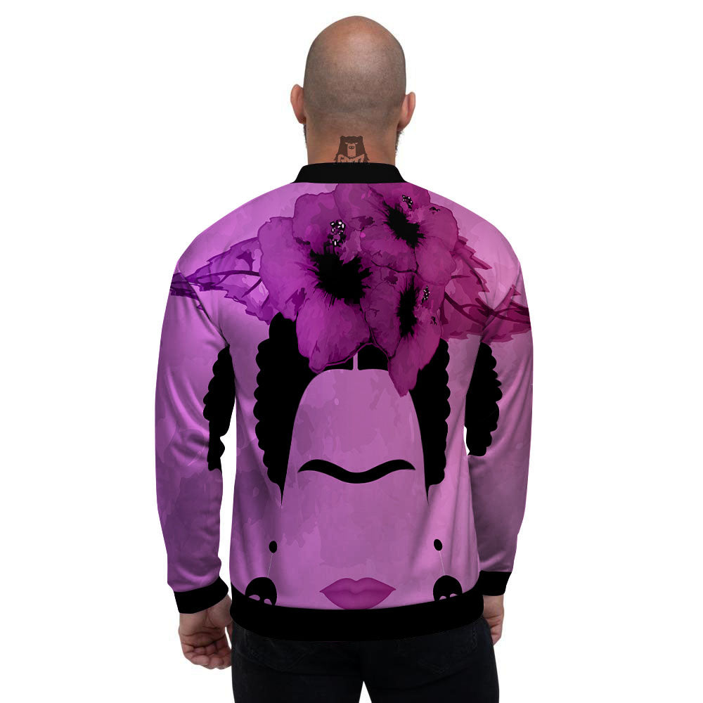 Pink Floral And Frida Kahlo Print Men's Bomber Jacket-grizzshop