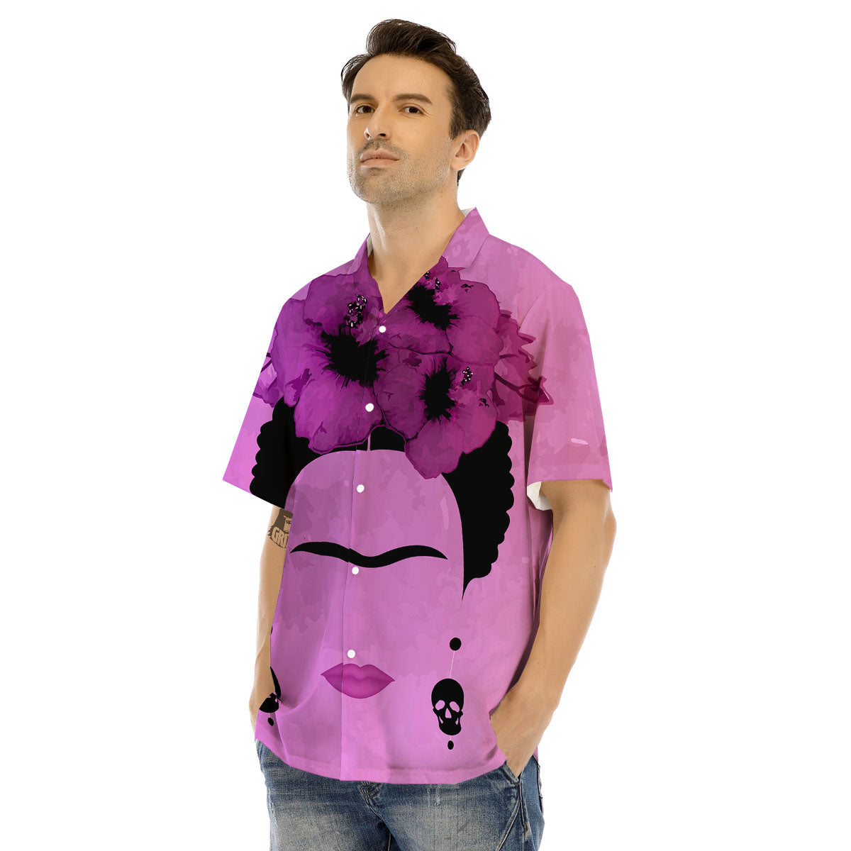 Pink Floral And Frida Kahlo Print Men's Hawaiian Shirt-grizzshop