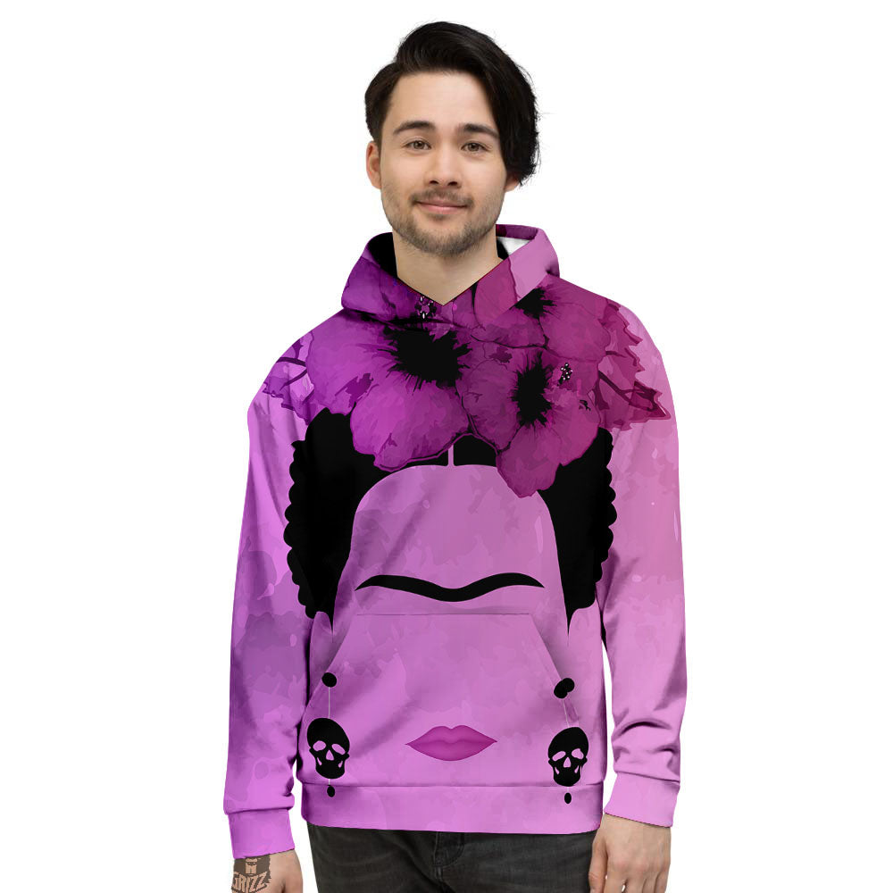 Pink Floral And Frida Kahlo Print Men's Hoodie-grizzshop