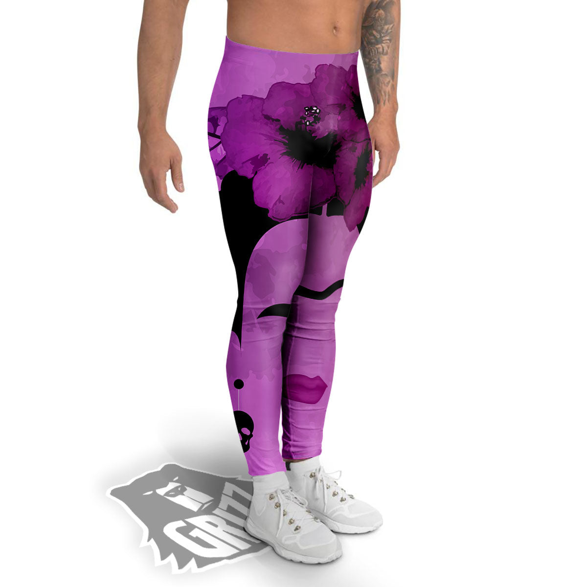 Pink Floral And Frida Kahlo Print Men's Leggings-grizzshop
