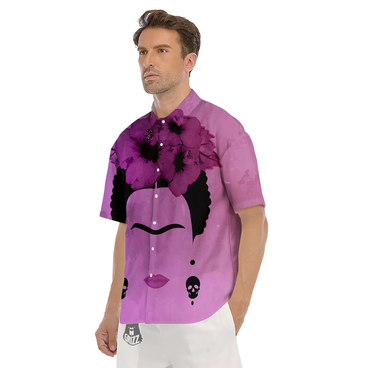 Pink Floral And Frida Kahlo Print Men's Short Sleeve Shirts-grizzshop