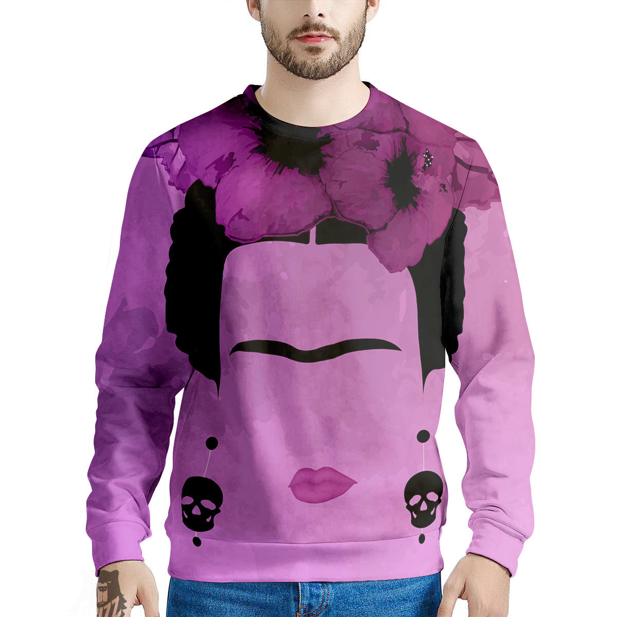 Pink Floral And Frida Kahlo Print Men's Sweatshirt-grizzshop