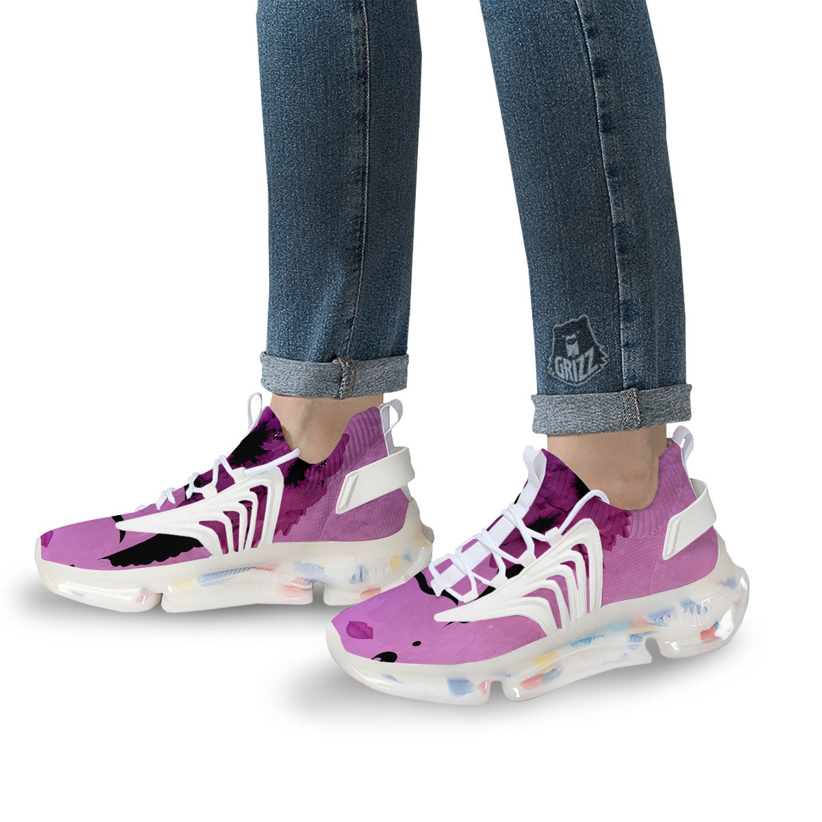 Pink Floral And Frida Kahlo Print White Gym Shoes-grizzshop