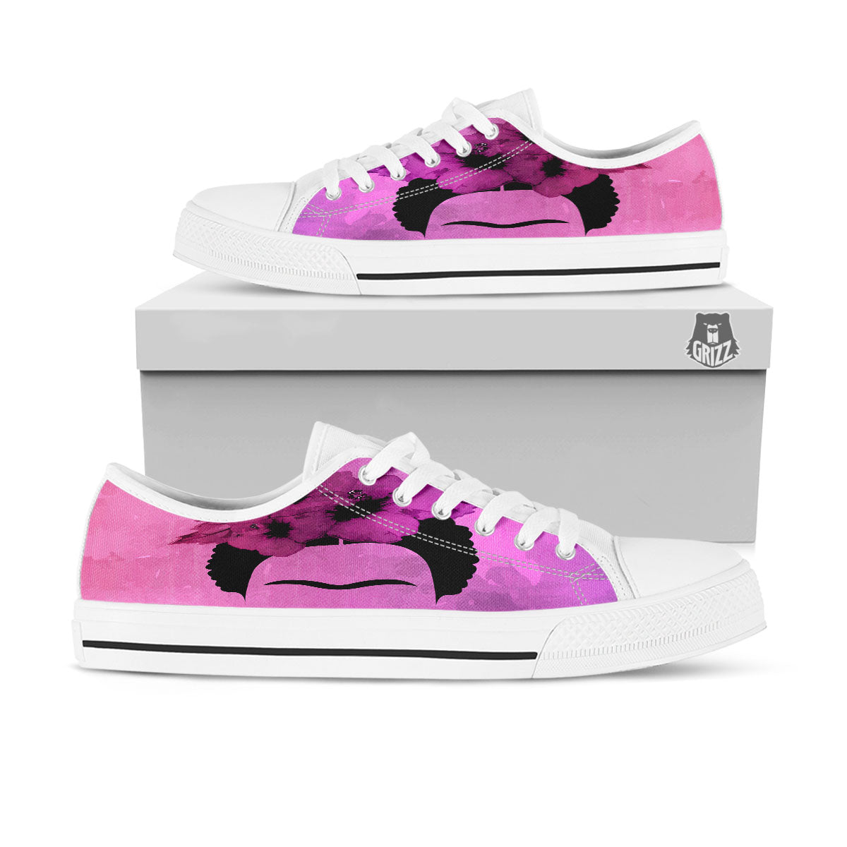 Pink Floral And Frida Kahlo Print White Low Top Shoes-grizzshop
