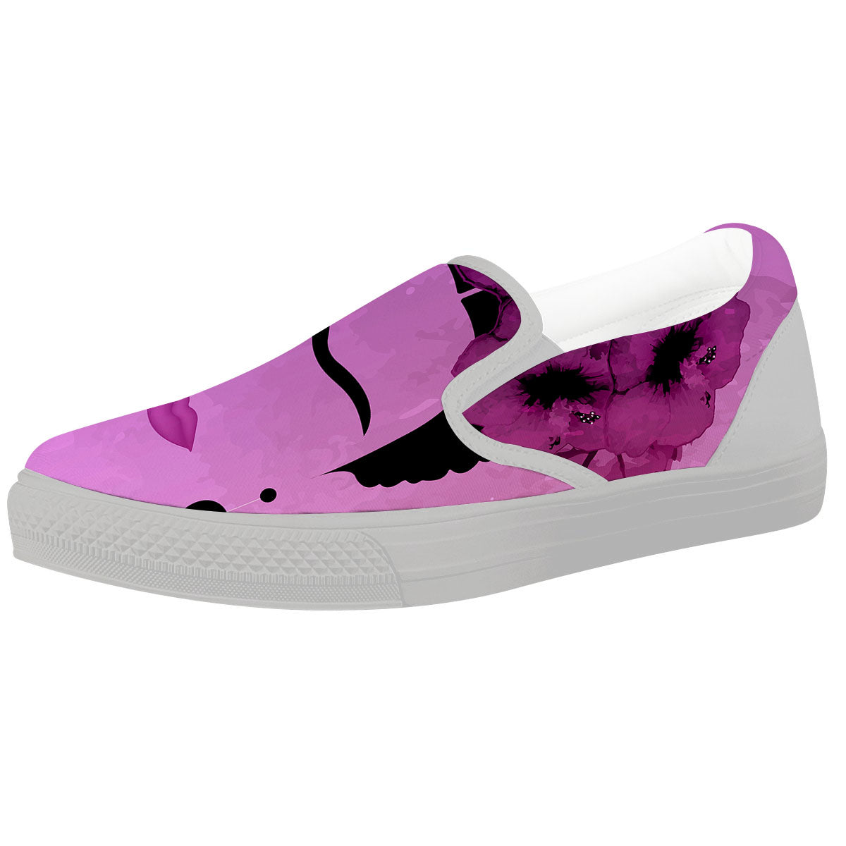 Pink Floral And Frida Kahlo Print White Slip On Shoes-grizzshop