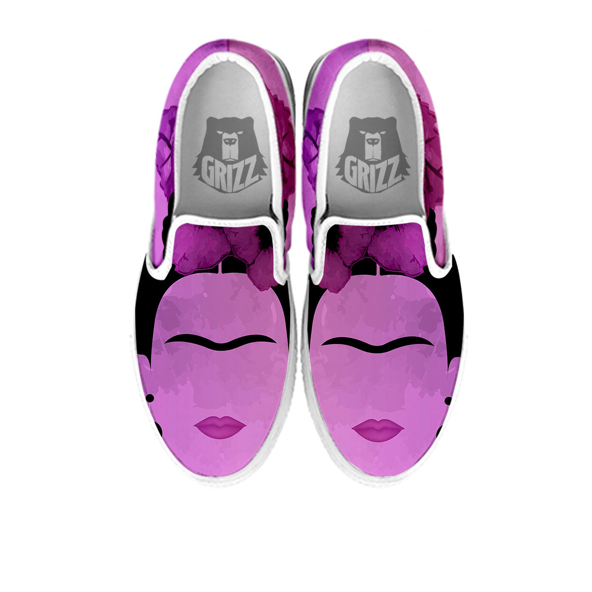 Pink Floral And Frida Kahlo Print White Slip On Shoes-grizzshop