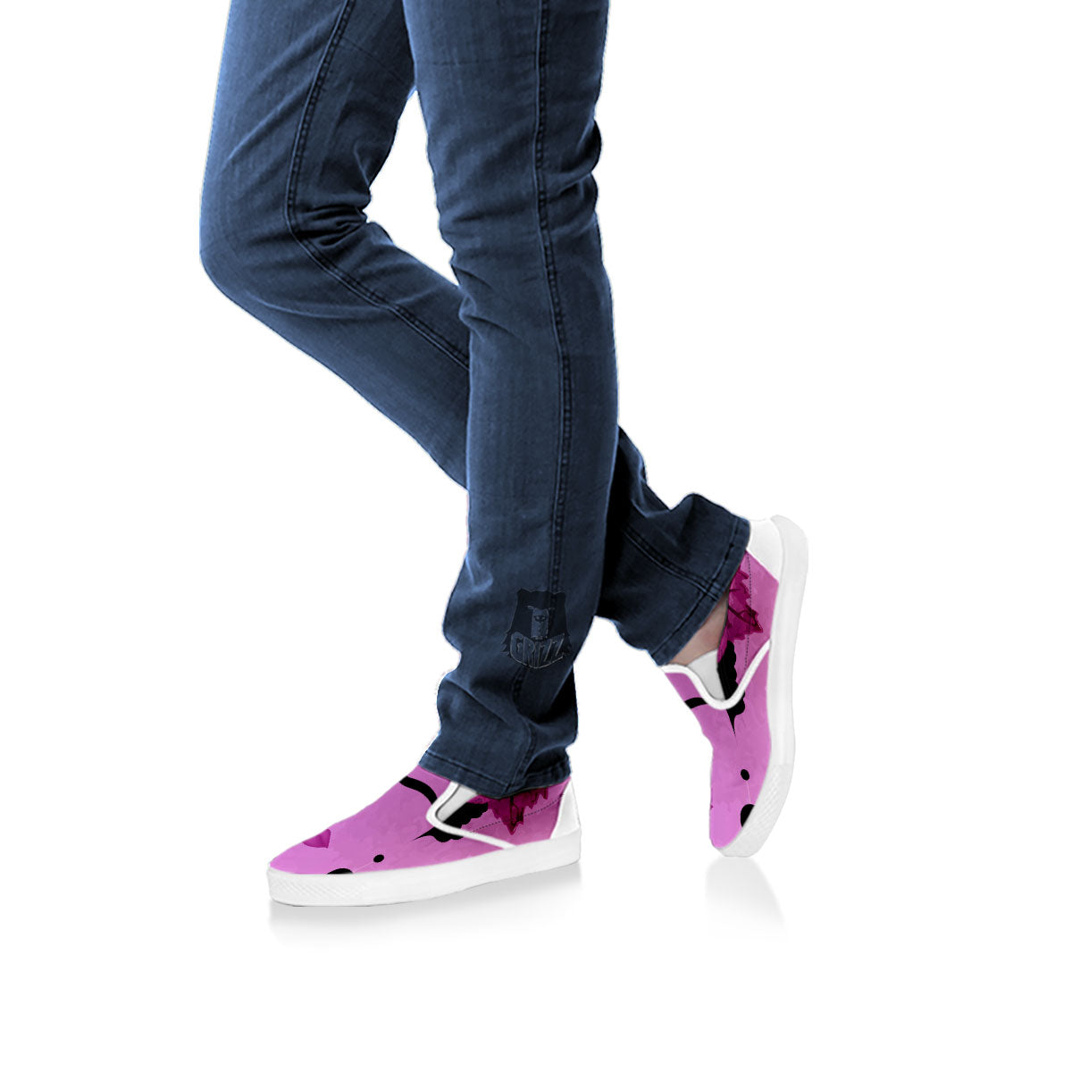 Pink Floral And Frida Kahlo Print White Slip On Shoes-grizzshop