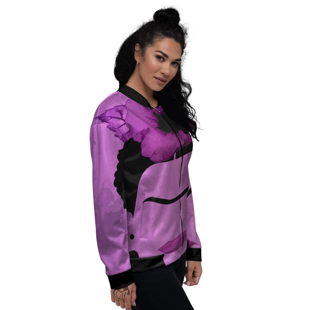 Pink Floral And Frida Kahlo Print Women's Bomber Jacket-grizzshop