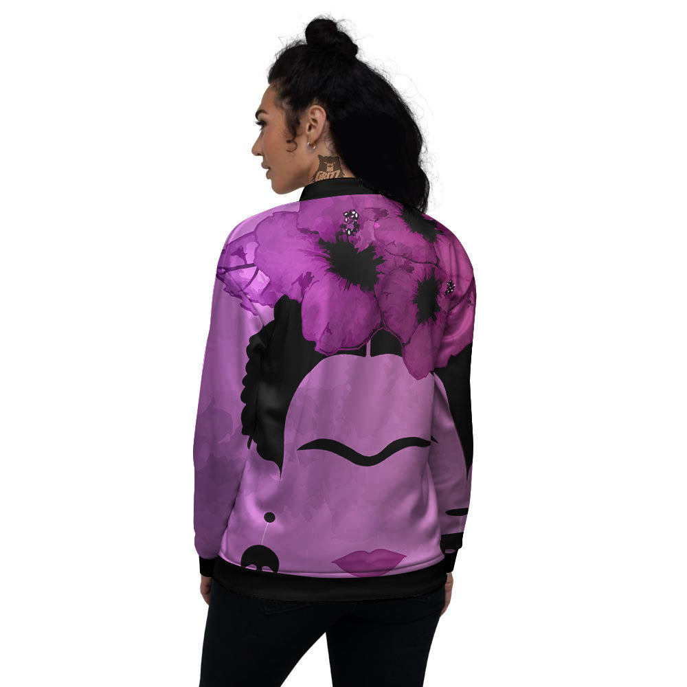 Pink Floral And Frida Kahlo Print Women's Bomber Jacket-grizzshop