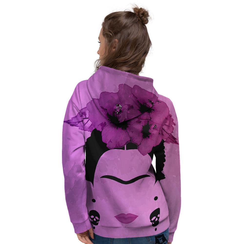 Pink Floral And Frida Kahlo Print Women's Hoodie-grizzshop