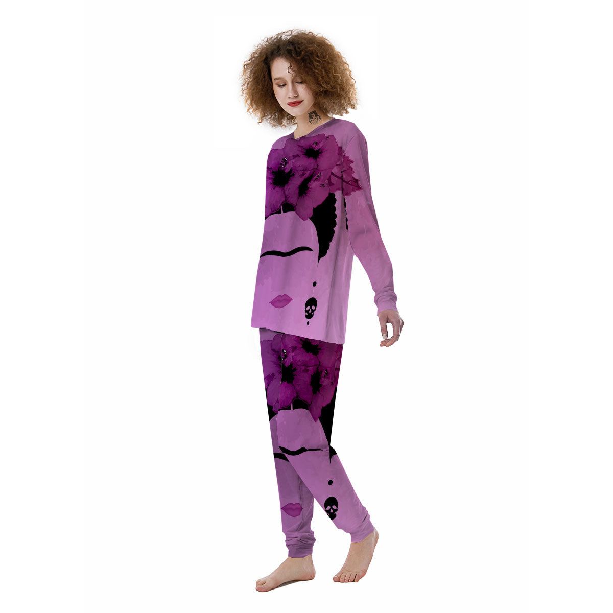 Pink Floral And Frida Kahlo Print Women's Pajamas-grizzshop
