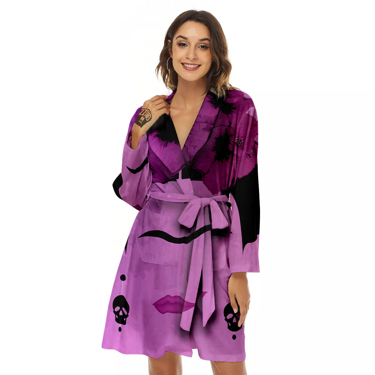 Pink Floral And Frida Kahlo Print Women's Robe-grizzshop