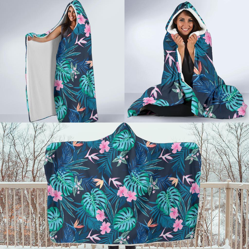 Pink Floral Tropical Palm Leaves Hawaiian Pattern Print Hooded Blanket-grizzshop