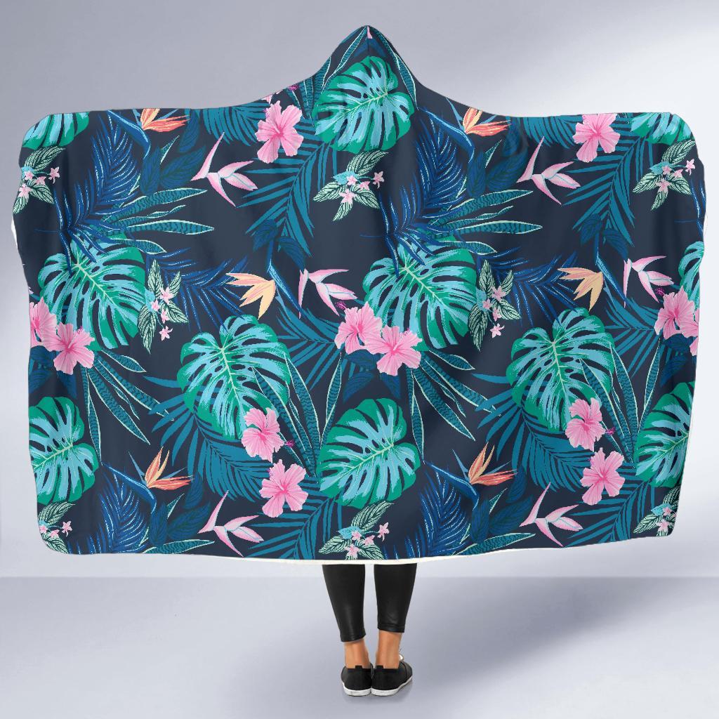Pink Floral Tropical Palm Leaves Hawaiian Pattern Print Hooded Blanket-grizzshop