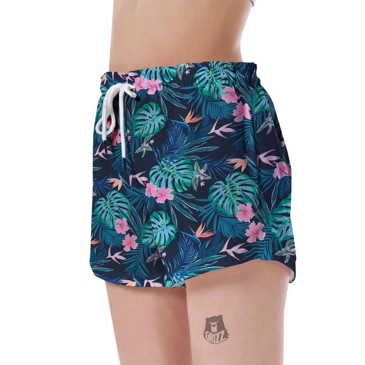Pink Floral Tropical Palm Leaves Hawaiian Pattern Print Women's Shorts-grizzshop