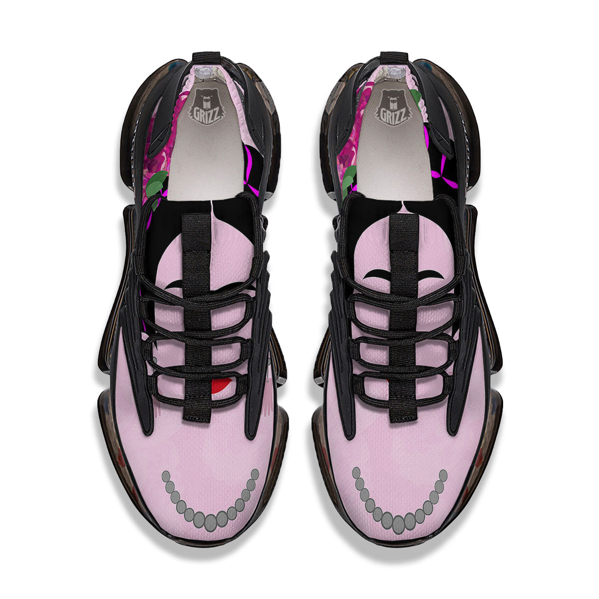 Pink Flower And Frida Kahlo Print Black Gym Shoes-grizzshop