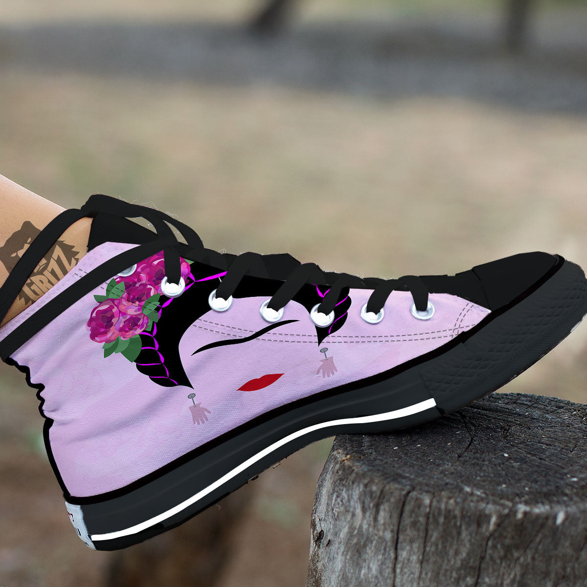 Pink Flower And Frida Kahlo Print Black High Top Shoes-grizzshop