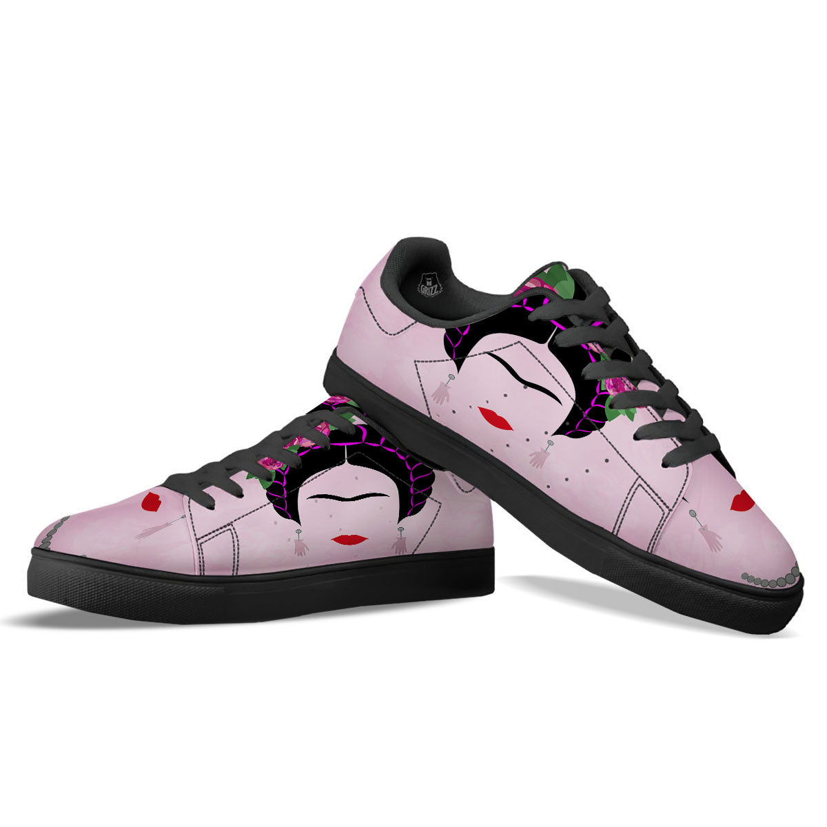 Pink Flower And Frida Kahlo Print Black Low Top Sneakers-grizzshop