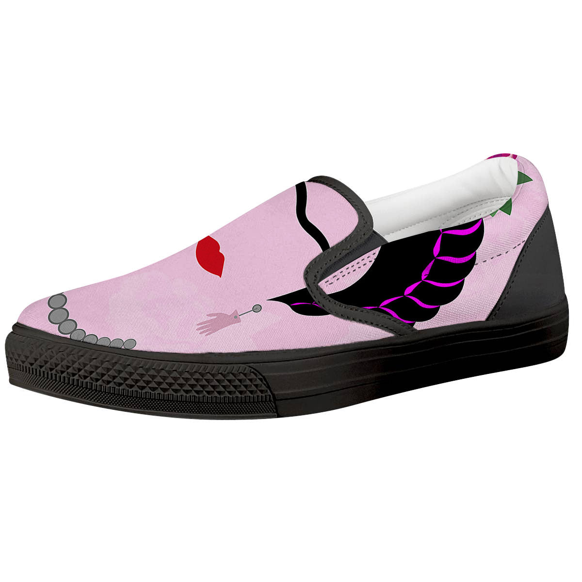 Pink Flower And Frida Kahlo Print Black Slip On Shoes-grizzshop