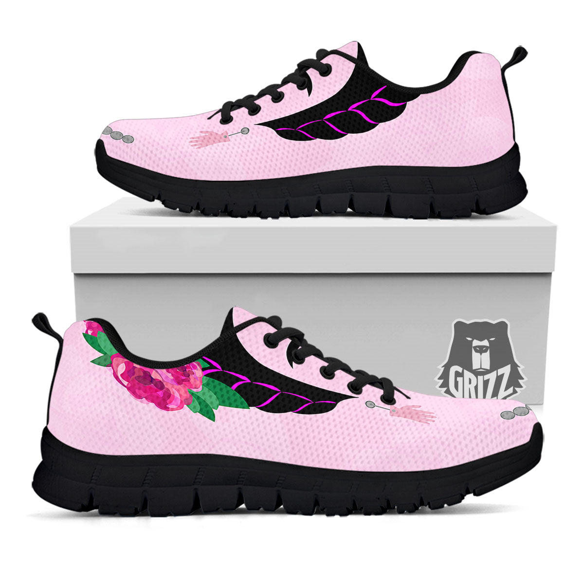 Pink Flower And Frida Kahlo Print Black Sneaker-grizzshop