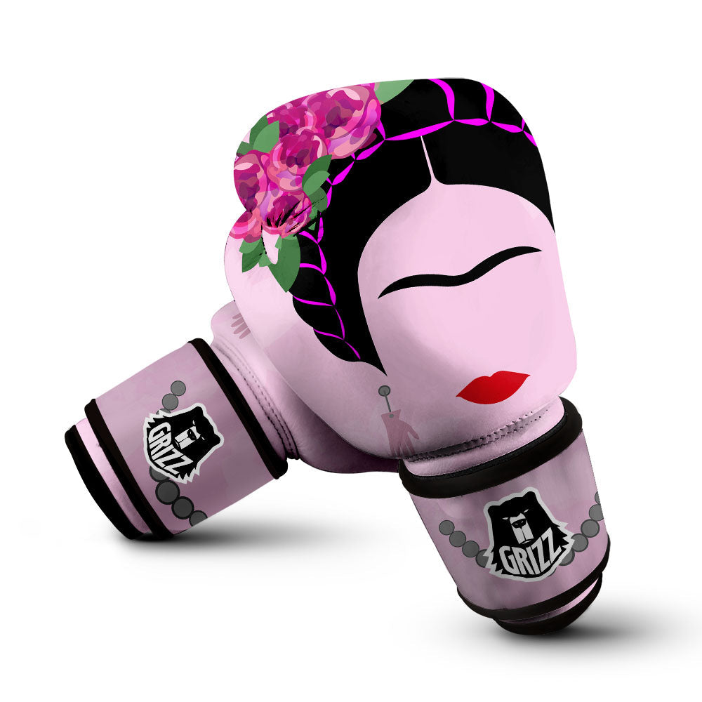 Pink Flower And Frida Kahlo Print Boxing Gloves-grizzshop