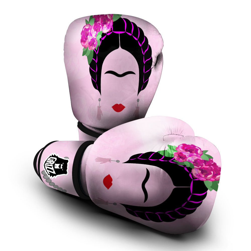 Pink Flower And Frida Kahlo Print Boxing Gloves-grizzshop