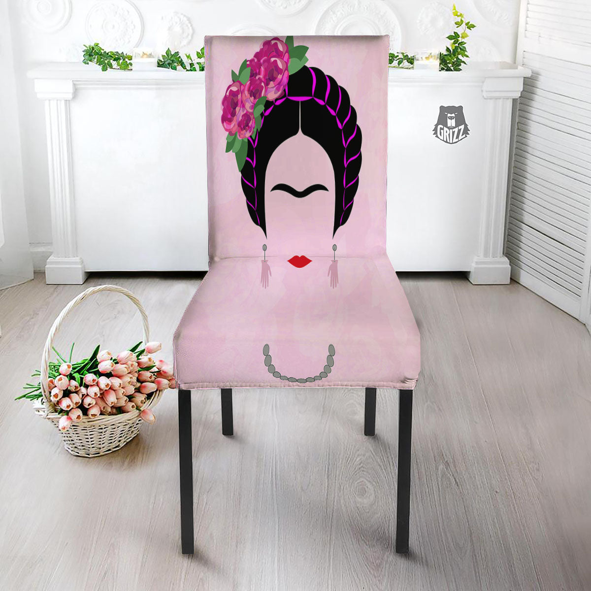 Pink Flower And Frida Kahlo Print Dining Chair Slipcover-grizzshop