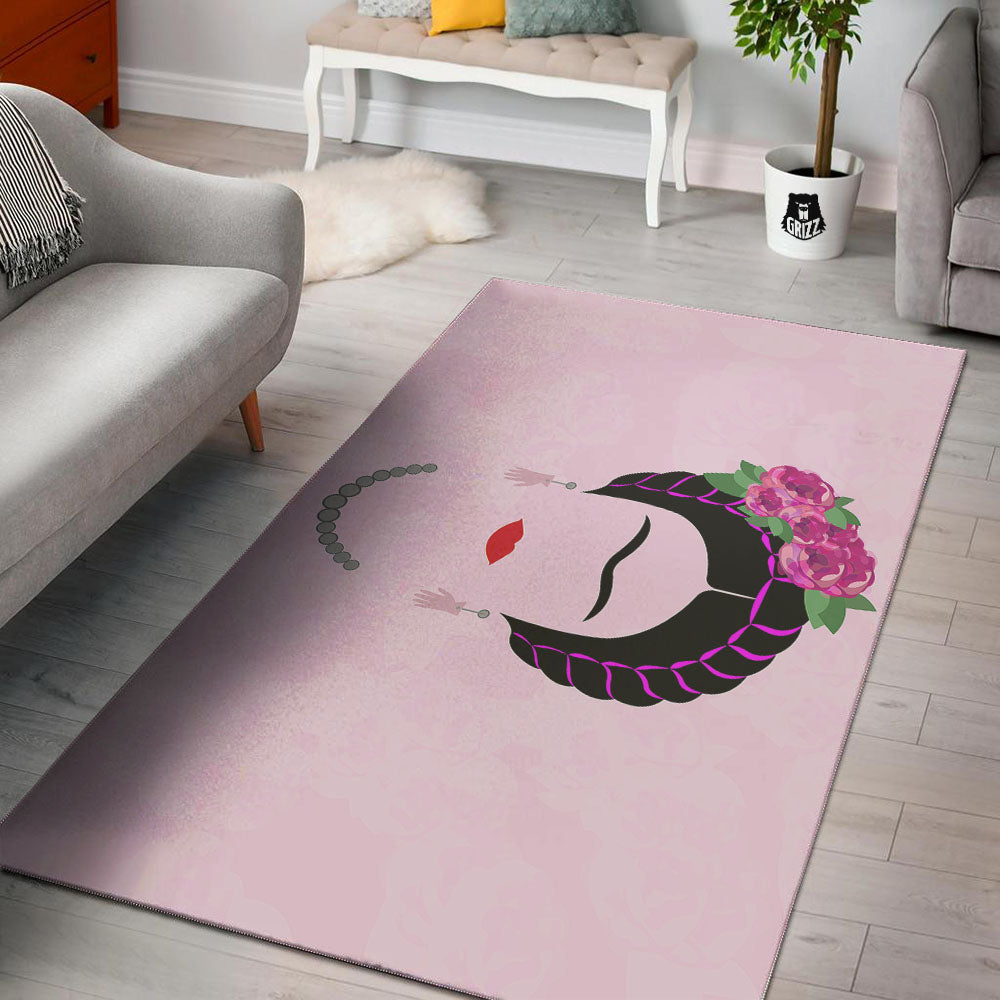 Pink Flower And Frida Kahlo Print Floor Mat-grizzshop