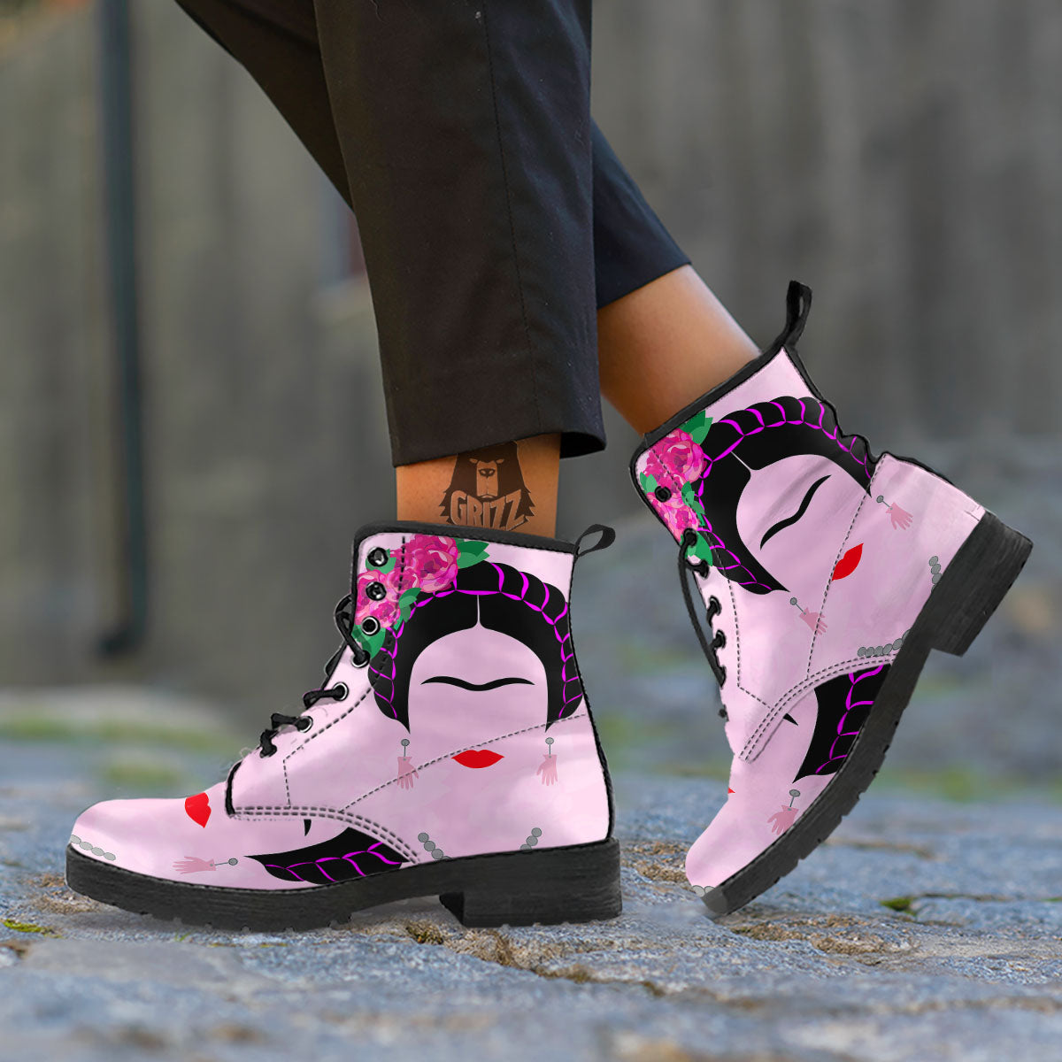 Pink Flower And Frida Kahlo Print Leather Boots-grizzshop