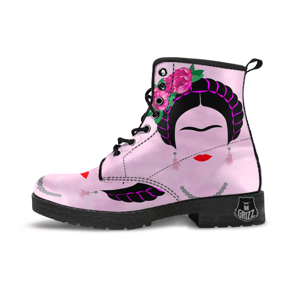 Pink Flower And Frida Kahlo Print Leather Boots-grizzshop