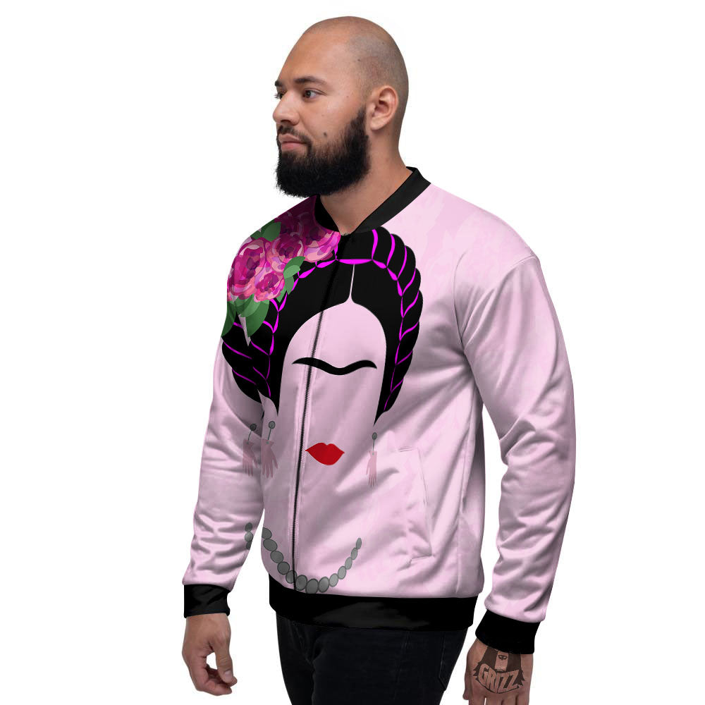 Pink Flower And Frida Kahlo Print Men's Bomber Jacket-grizzshop
