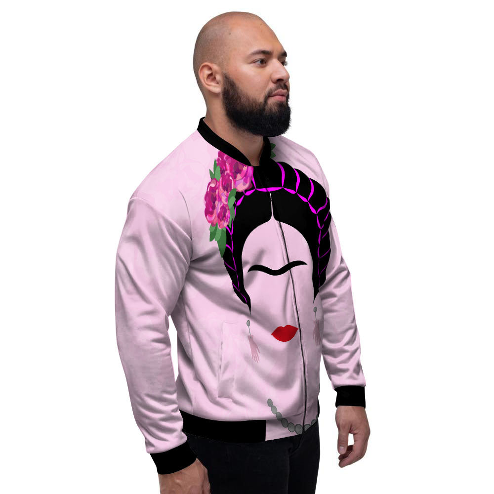 Pink Flower And Frida Kahlo Print Men's Bomber Jacket-grizzshop