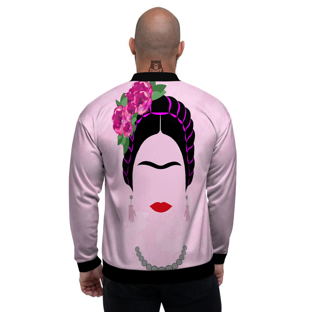 Pink Flower And Frida Kahlo Print Men's Bomber Jacket-grizzshop