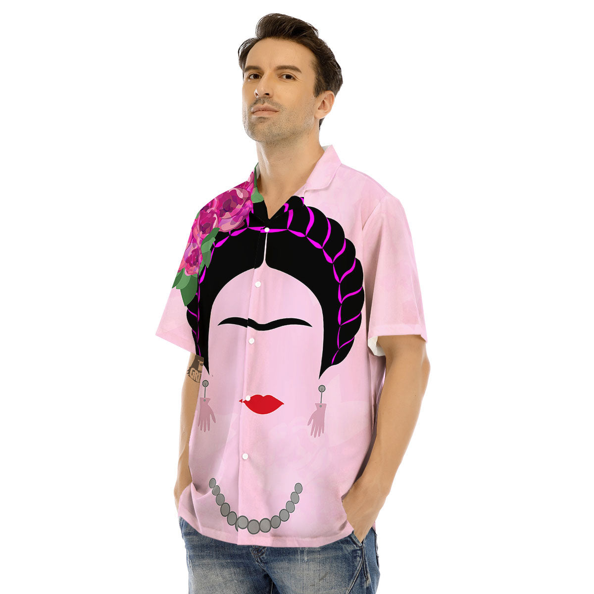 Pink Flower And Frida Kahlo Print Men's Hawaiian Shirt-grizzshop