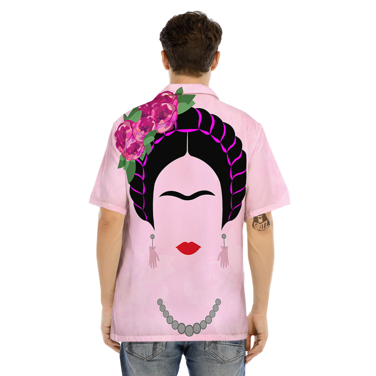 Pink Flower And Frida Kahlo Print Men's Hawaiian Shirt-grizzshop