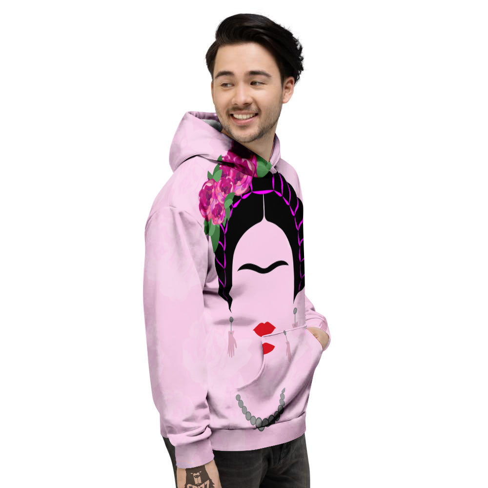 Pink Flower And Frida Kahlo Print Men's Hoodie-grizzshop
