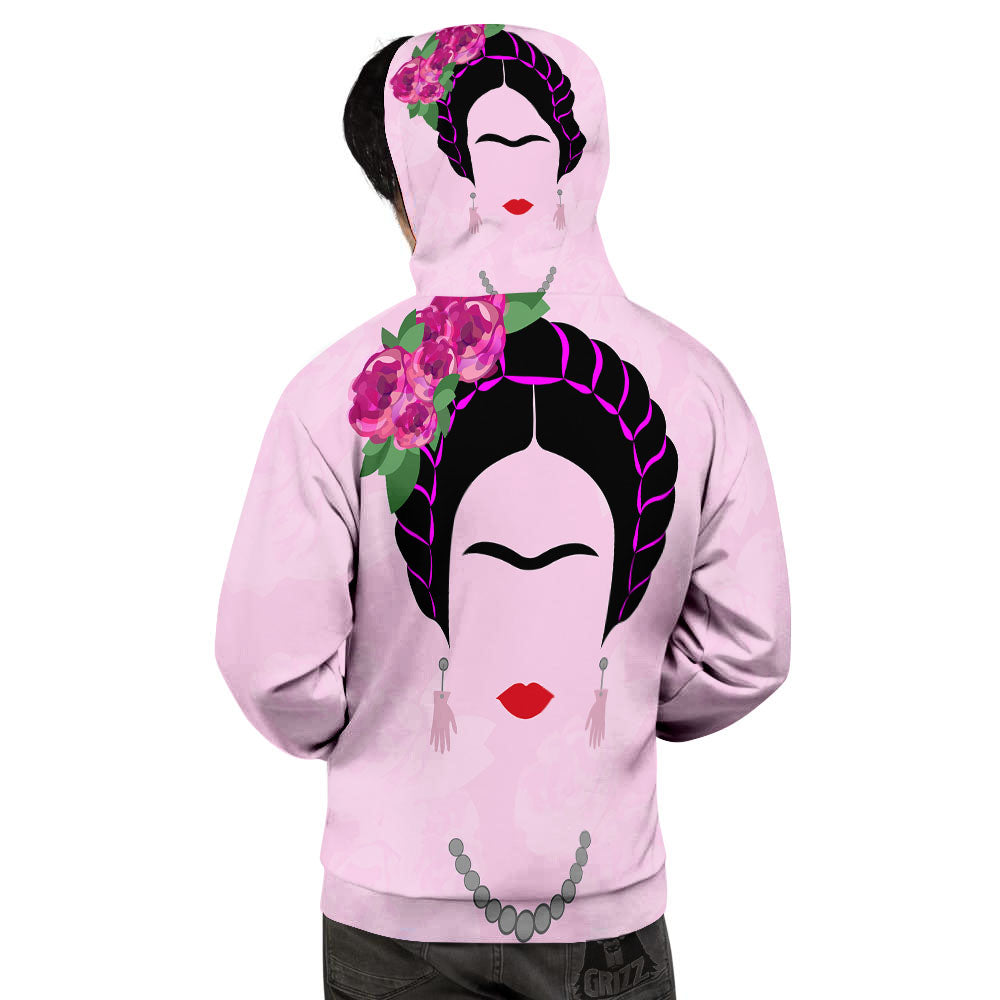 Pink Flower And Frida Kahlo Print Men's Hoodie-grizzshop