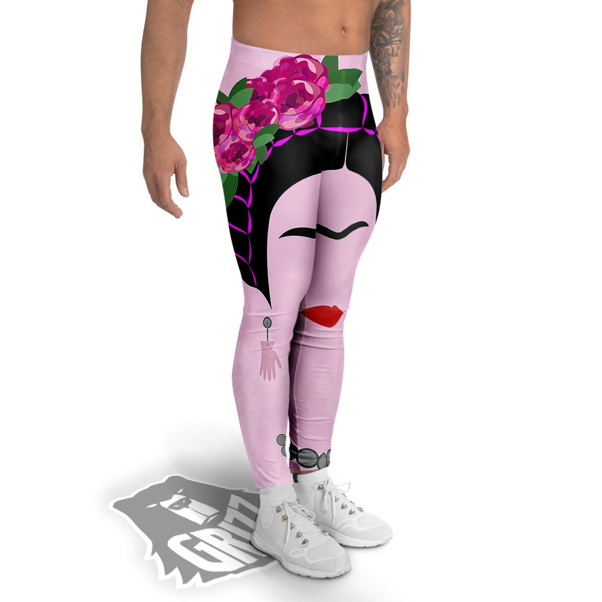 Pink Flower And Frida Kahlo Print Men's Leggings-grizzshop