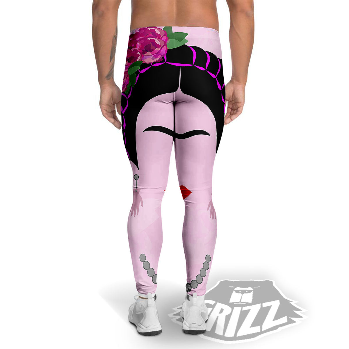 Pink Flower And Frida Kahlo Print Men's Leggings-grizzshop